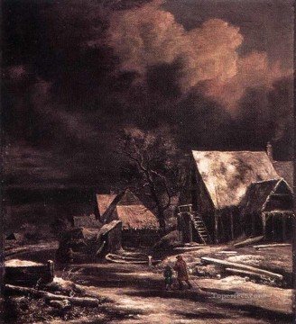 Jacob van Ruisdael Painting - Pueblo en invierno a la luz de la luna Jacob Isaakszoon van Ruisdael